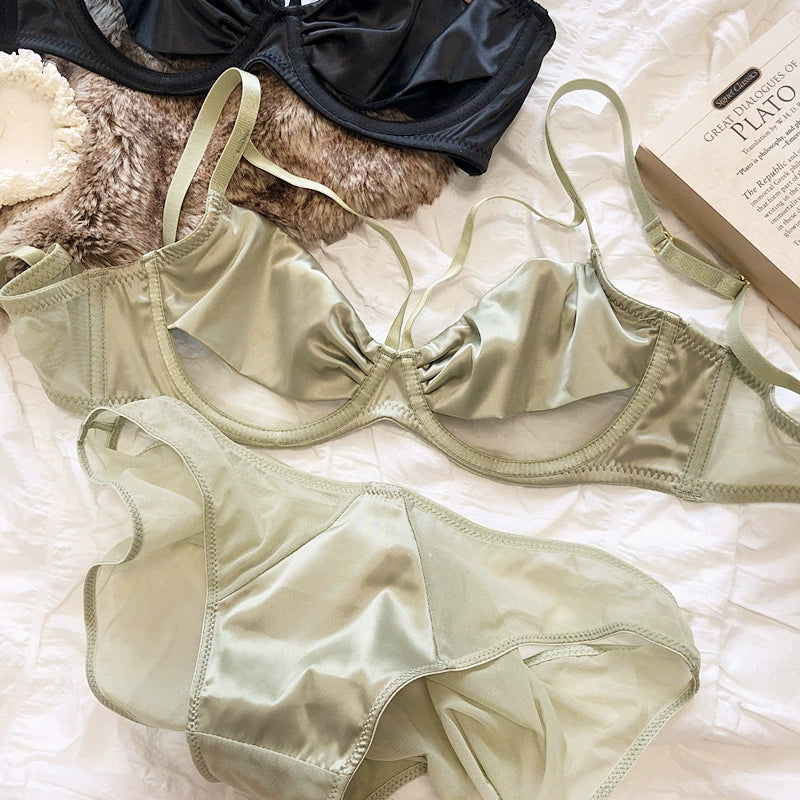 Simple glossy lingerie female sexy thin satin mesh lace with steel ring bandage bra underwear set