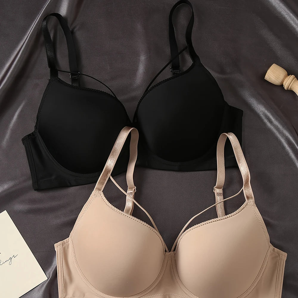 Big Size Women's 3/4 Cup Lingers Sexy Middle Mold Cup Non-Convertible Straps Soft Solid Push up Gathered C D E Cup Lingerie