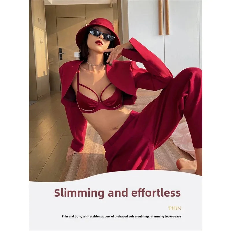 Sexy French Style Bra Set Women's Underwear Gathered Thin Steel Ring Summer Low Chest Illusory Bra Set Red Color for Lucky Year