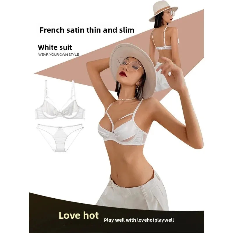 Sexy French Style Bra Set Women's Underwear Gathered Thin Steel Ring Summer Low Chest Illusory Bra Set Red Color for Lucky Year
