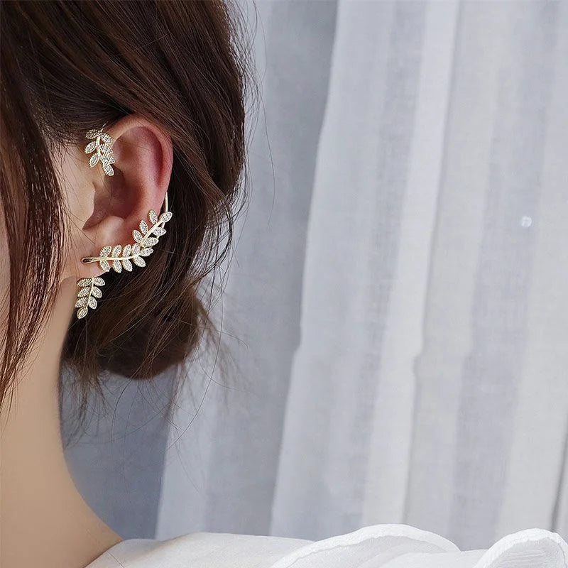 2022 Trendy Metal Crystal Leaf Ear Clips Without Piercing Earrings Clips For Women Fashion Ear Cuff Wedding Jewelry Brincos Gift