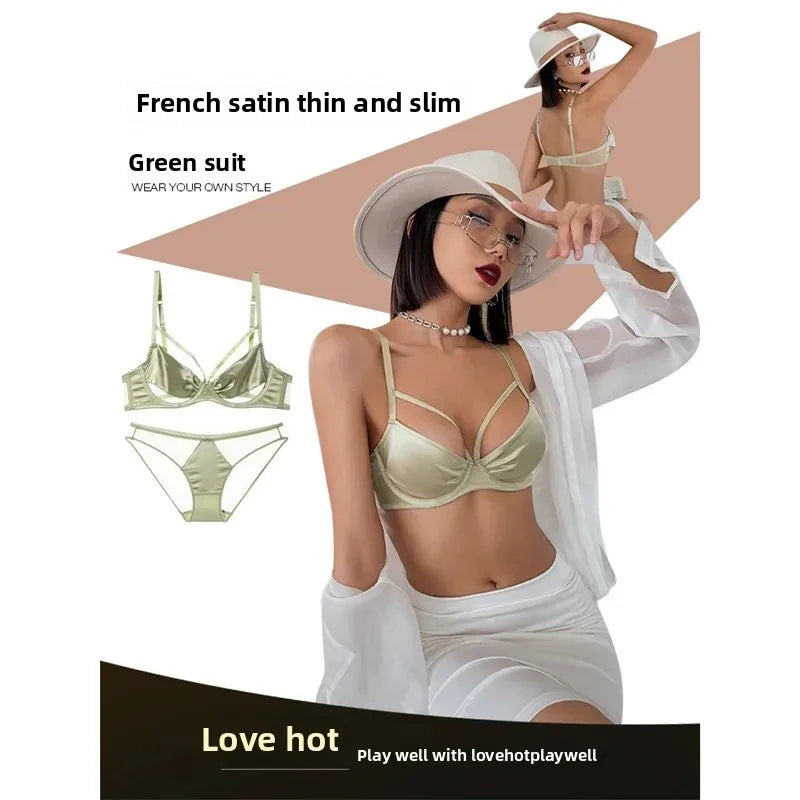 Sexy French Style Bra Set Women's Underwear Gathered Thin Steel Ring Summer Low Chest Illusory Bra Set Red Color for Lucky Year
