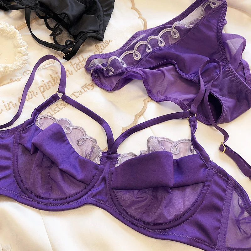 New Sexy Hollow Bra Set French Ultra Thin Lace Underwear Set Women Push Up Brassiere Silk Comfort Bralette Plus Size Lingerie