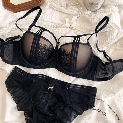 2022 New French Lace Strap Push Up Lingerie Hollow Out Women Sexy Underwear Adjustable Upper Thin Lower Thick Gather Bra Set