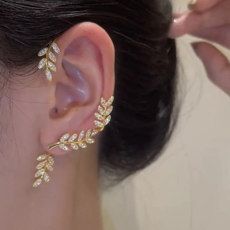 2022 Trendy Metal Crystal Leaf Ear Clips Without Piercing Earrings Clips For Women Fashion Ear Cuff Wedding Jewelry Brincos Gift