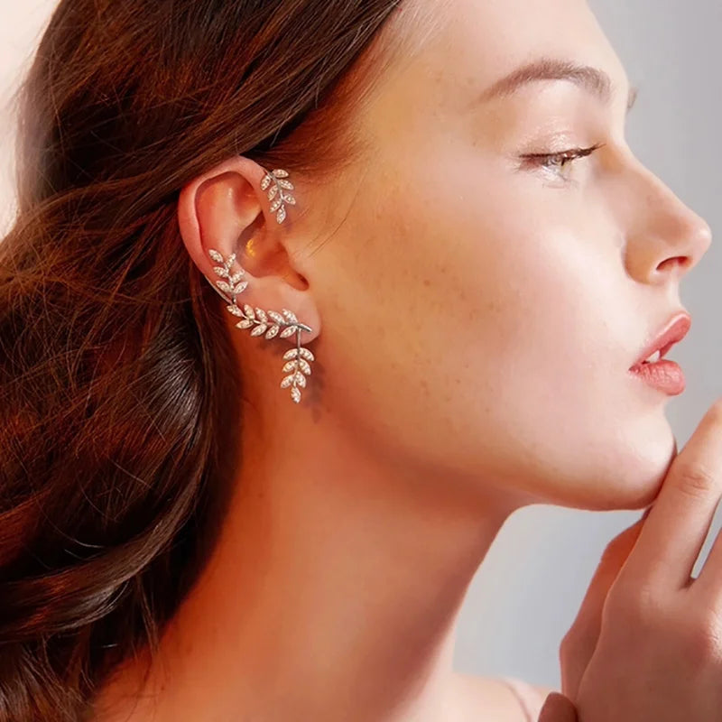 2022 Trendy Metal Crystal Leaf Ear Clips Without Piercing Earrings Clips For Women Fashion Ear Cuff Wedding Jewelry Brincos Gift