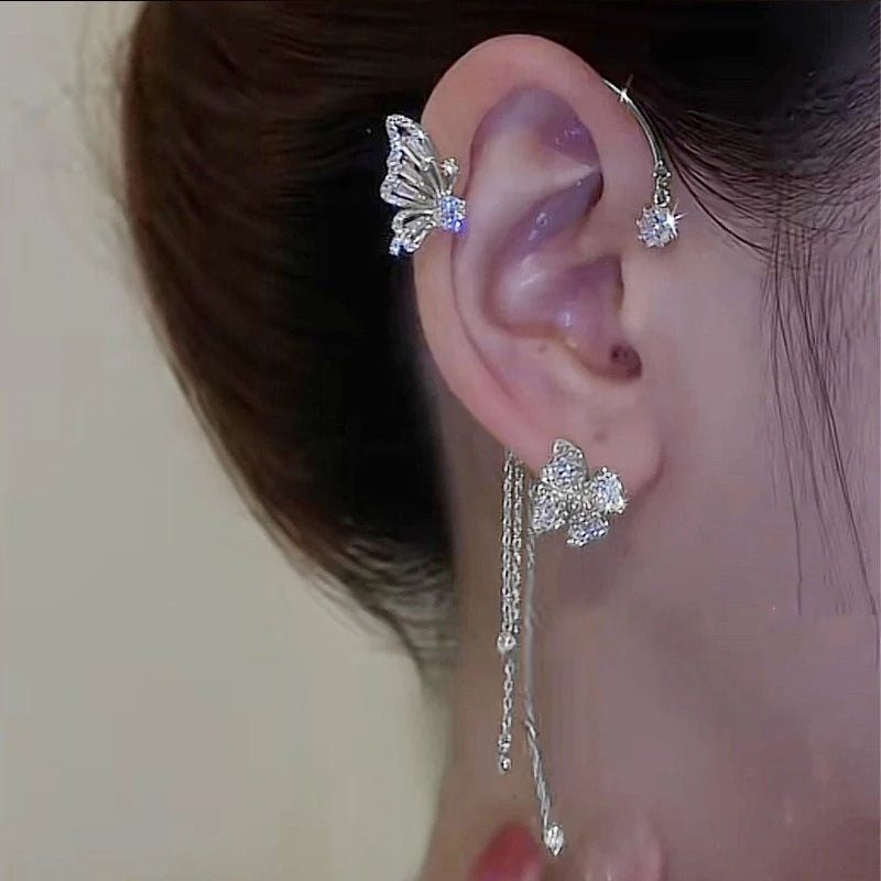 Korean Gold Silver Color Crystal Butterfly Ear Clip For Women Sparkling Rhinestone Ear Cuff Sweet Clip Earrings Wedding Jewelry