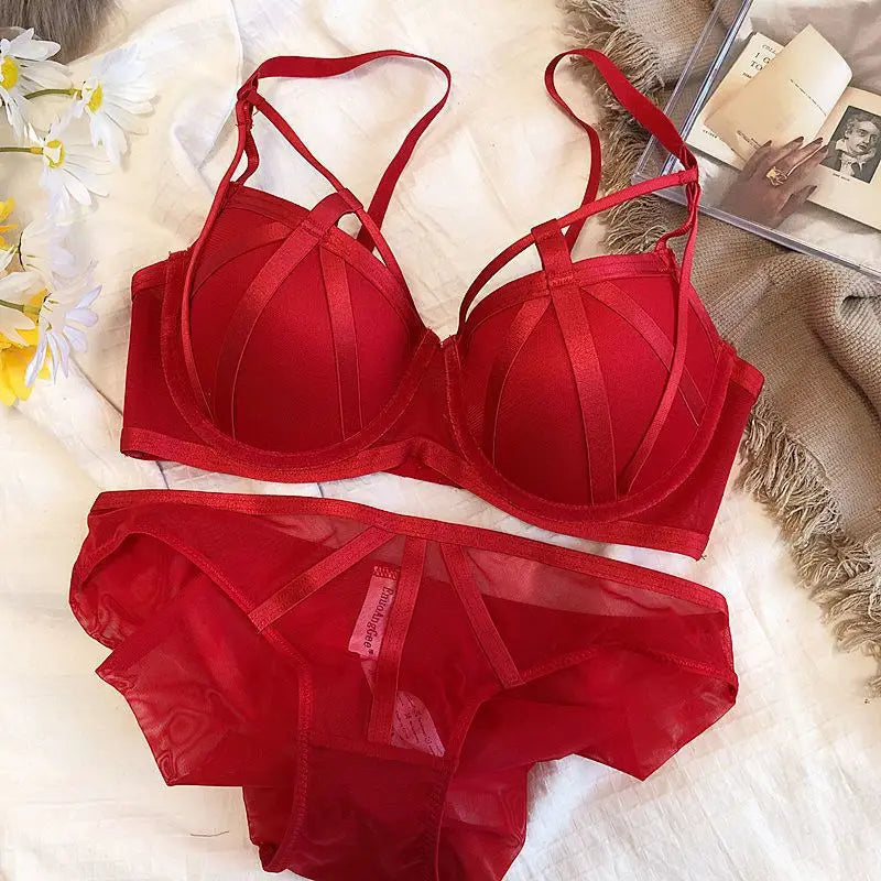 2 Pieces Fashion Lace Underwear Set Women Sexy Hollow Bandage Push Up Bra Set Europe High Quality Lingerie Plus Size Bras