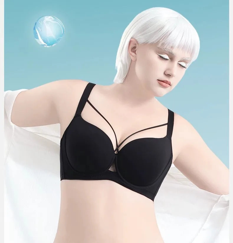 Plus Size Bra Women's Adjustable Thin Soft Steel Ring Push up Gathered Underwear Nylon Fabric 3/4 Cup Back Four Row Buckle