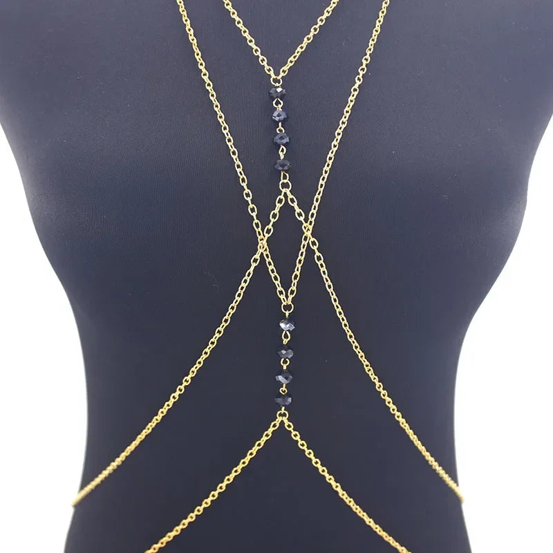 Fashionable Sexy Metal Crystal Cross Bikini Body Chain Double Layered Chest Necklace Accessory Summer Jewelry from Mainland Chin