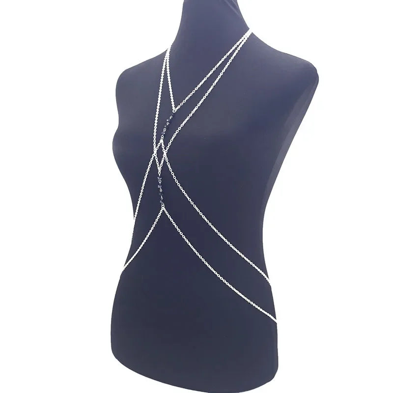 Fashionable Sexy Metal Crystal Cross Bikini Body Chain Double Layered Chest Necklace Accessory Summer Jewelry from Mainland Chin