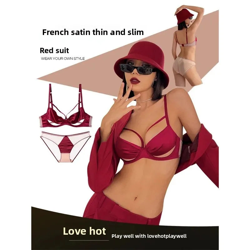 Sexy French Style Bra Set Women's Underwear Gathered Thin Steel Ring Summer Low Chest Illusory Bra Set Red Color for Lucky Year