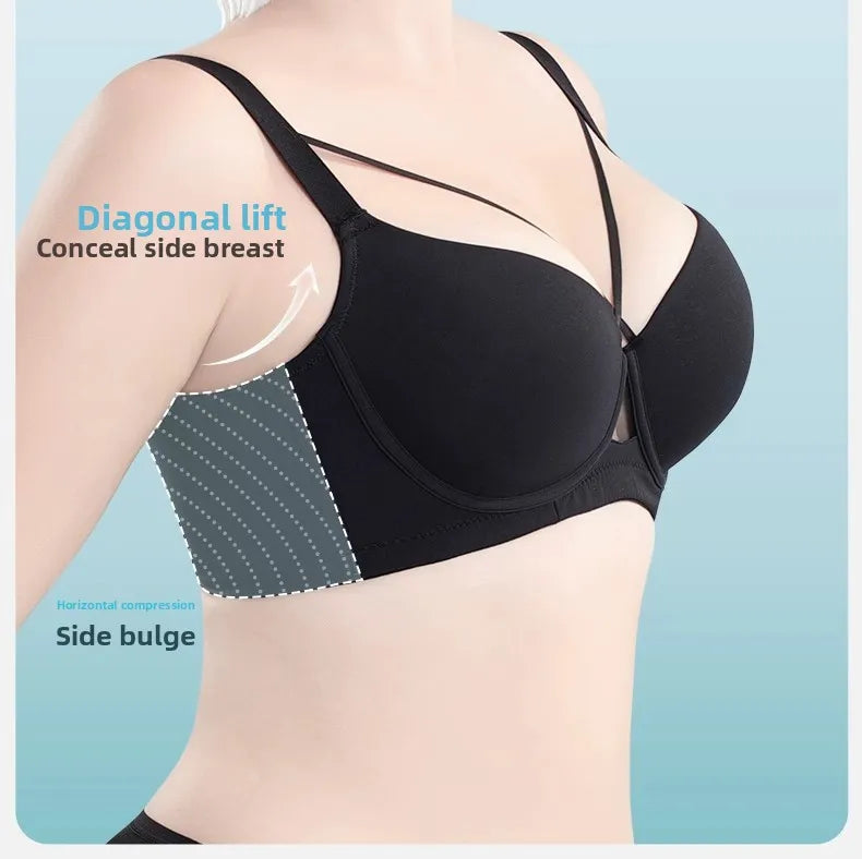 Plus Size Bra Women's Adjustable Thin Soft Steel Ring Push up Gathered Underwear Nylon Fabric 3/4 Cup Back Four Row Buckle