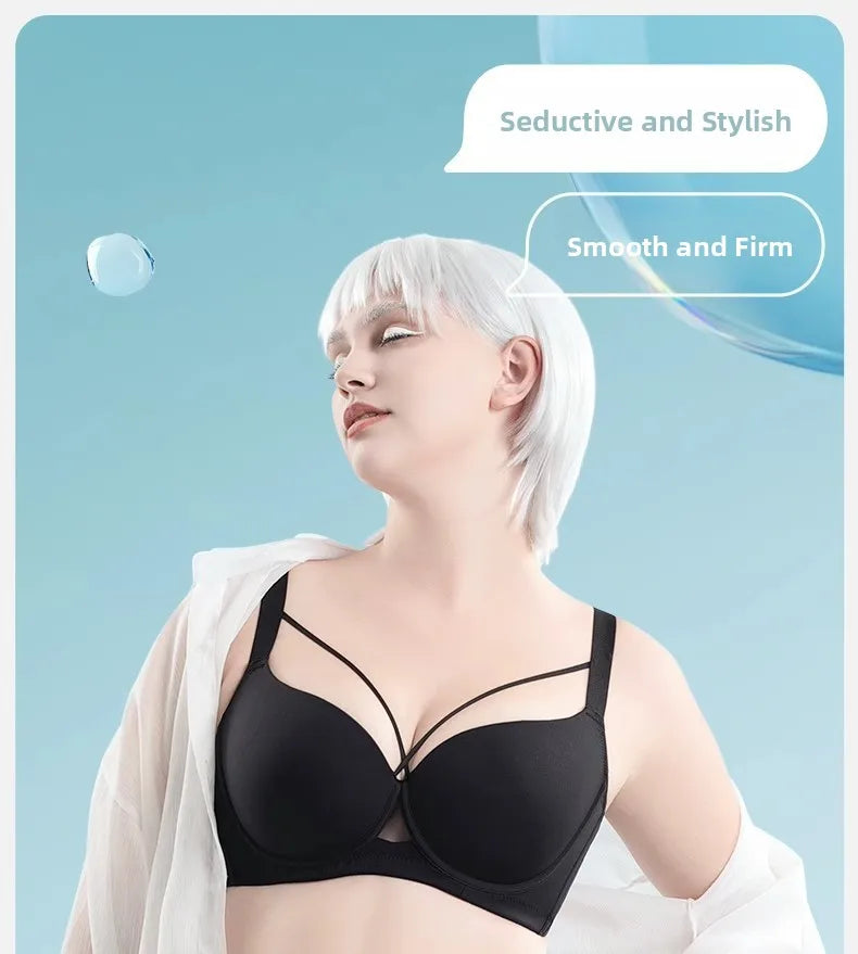 Plus Size Bra Women's Adjustable Thin Soft Steel Ring Push up Gathered Underwear Nylon Fabric 3/4 Cup Back Four Row Buckle