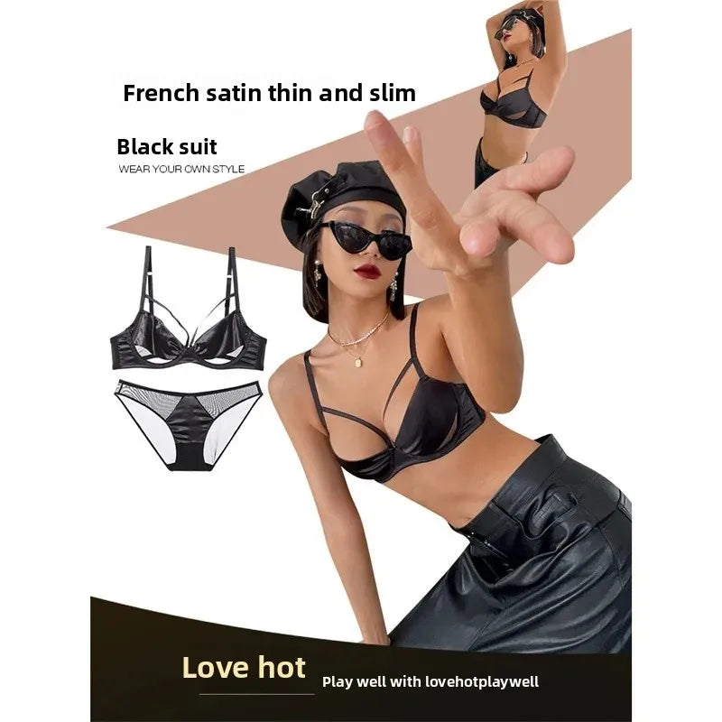 Sexy French Style Bra Set Women's Underwear Gathered Thin Steel Ring Summer Low Chest Illusory Bra Set Red Color for Lucky Year