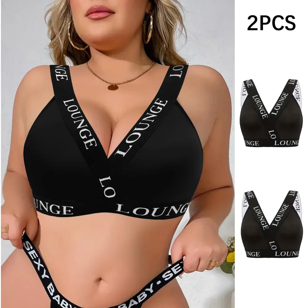Women's Black Comfortable Non Padded Belt Letter Printing Sports Style Plus Size Bra XL XXL