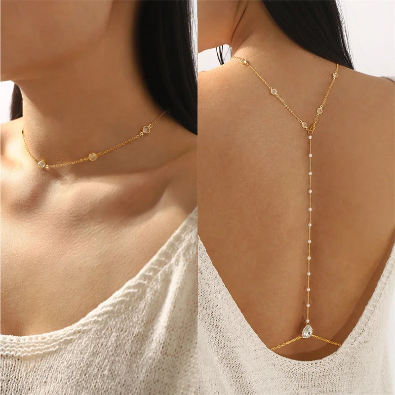 New Crystal Zircon Pearl Back Drop Chain Necklace For Women Elegant Long Backless Tassel Necklace Wedding Beach Party Jewelry