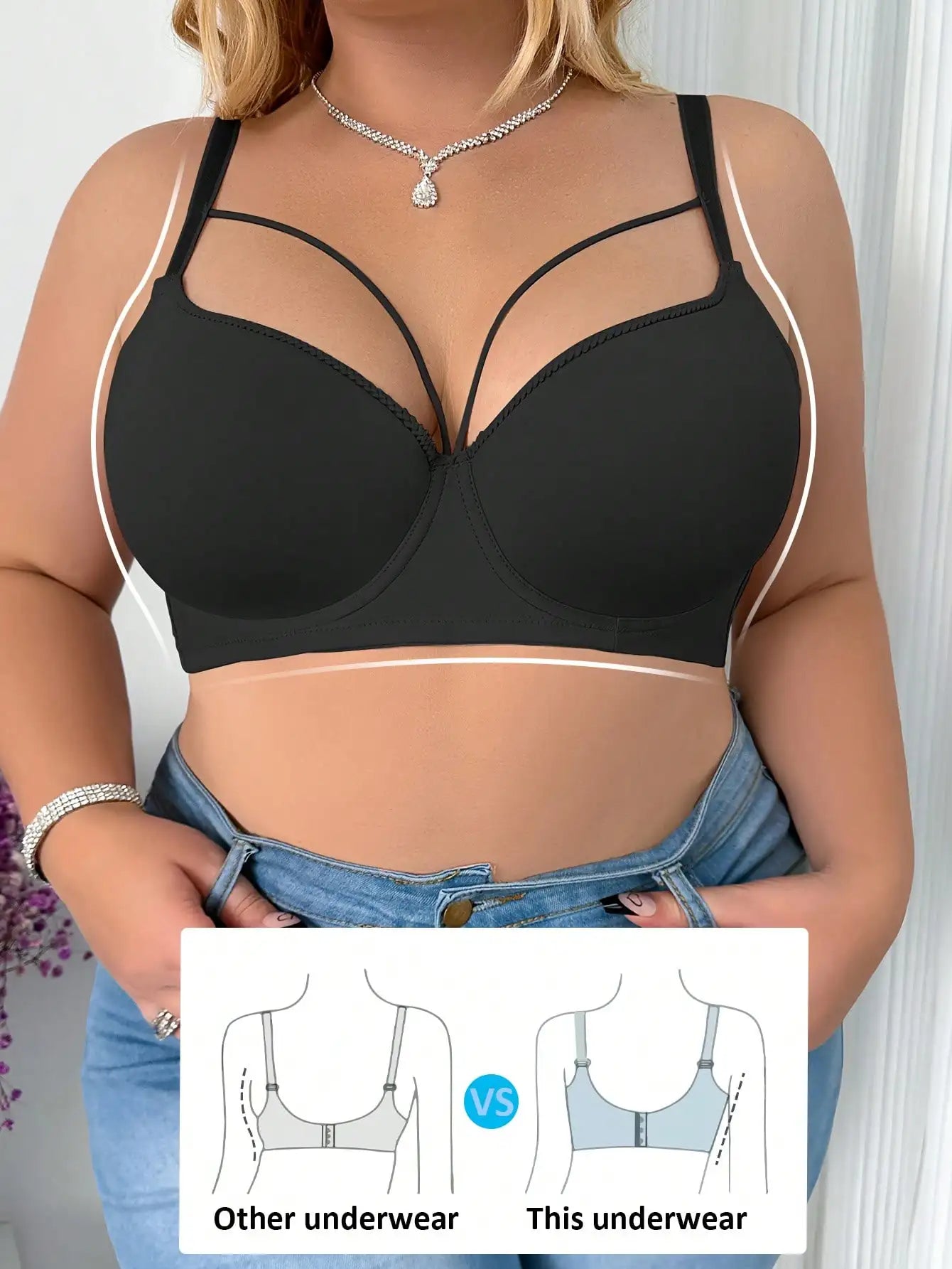 Big Size Women's 3/4 Cup Lingers Sexy Middle Mold Cup Non-Convertible Straps Soft Solid Push up Gathered C D E Cup Lingerie