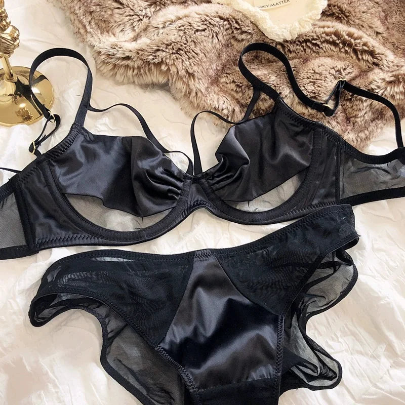 Simple glossy lingerie female sexy thin satin mesh lace with steel ring bandage bra underwear set