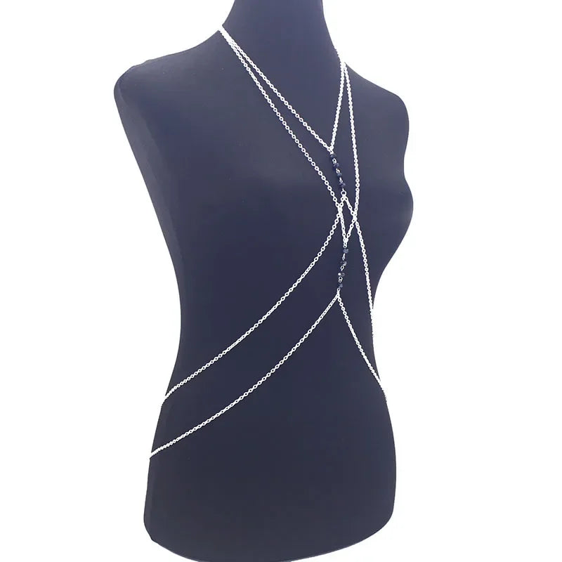 Fashionable Sexy Metal Crystal Cross Bikini Body Chain Double Layered Chest Necklace Accessory Summer Jewelry from Mainland Chin