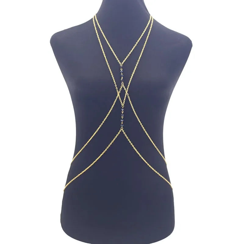 Fashionable Sexy Metal Crystal Cross Bikini Body Chain Double Layered Chest Necklace Accessory Summer Jewelry from Mainland Chin