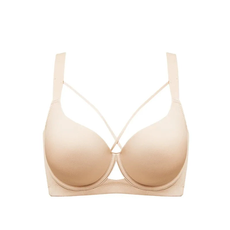 Plus Size Bra Women's Adjustable Thin Soft Steel Ring Push up Gathered Underwear Nylon Fabric 3/4 Cup Back Four Row Buckle