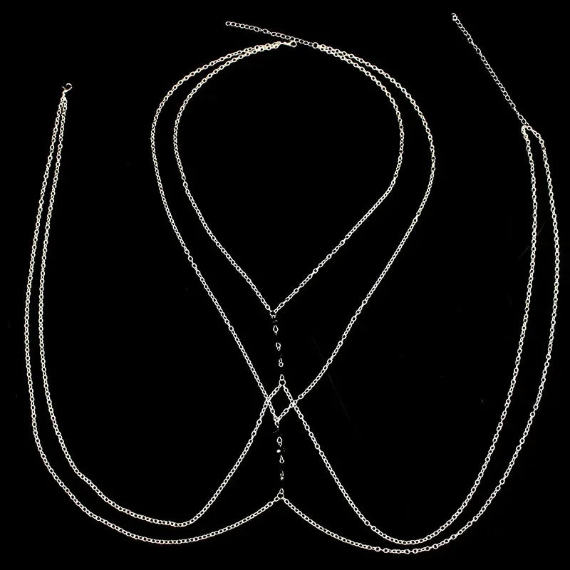 Fashionable Sexy Metal Crystal Cross Bikini Body Chain Double Layered Chest Necklace Accessory Summer Jewelry from Mainland Chin