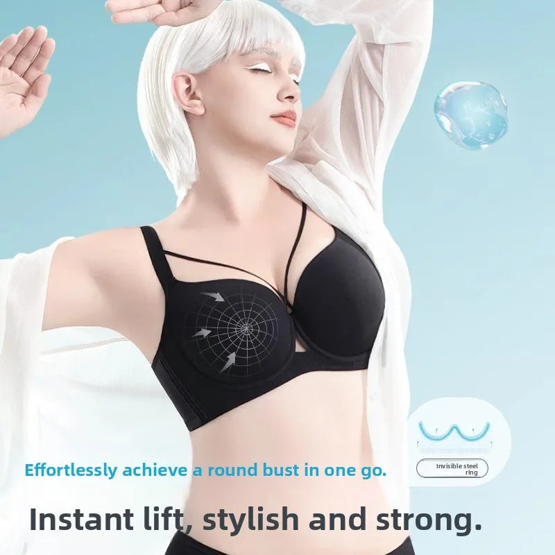 Plus Size Bra Women's Adjustable Thin Soft Steel Ring Push up Gathered Underwear Nylon Fabric 3/4 Cup Back Four Row Buckle