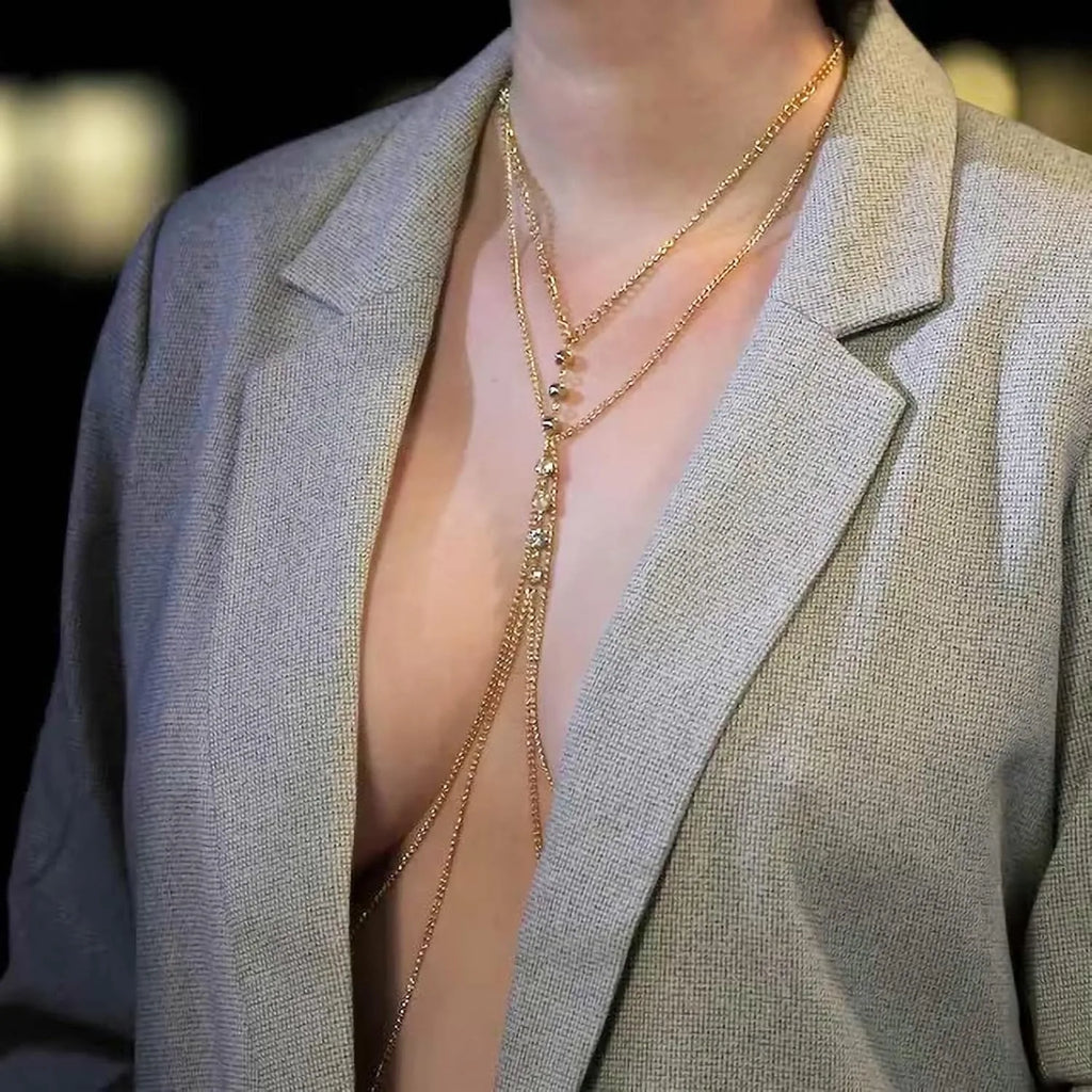 26‘’ Sexy Body Chains for Women, Layered Rhinestone Crossover Bikini Bra Body Jewelry, Summer Beach Crystal Belly Waist Chain