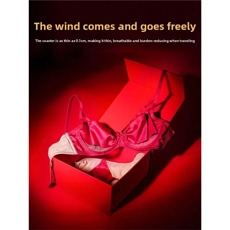 Sexy French Style Bra Set Women's Underwear Gathered Thin Steel Ring Summer Low Chest Illusory Bra Set Red Color for Lucky Year