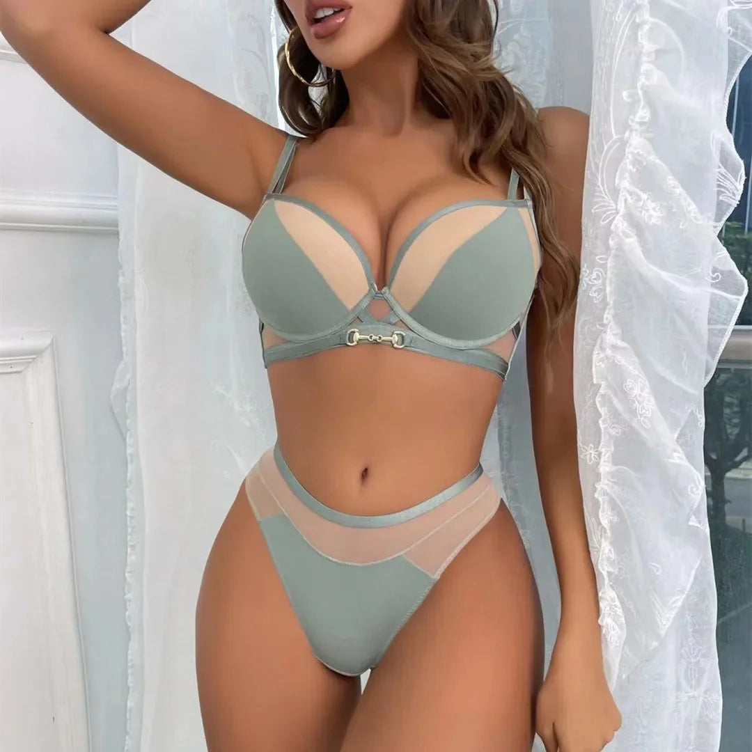 Color Block Comfortable Women's Bra Set Thin Style Gathered Underwear Large Size Chest Strapless Breathable Sleepwear Nightgown