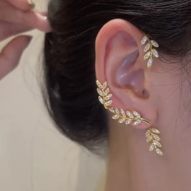 2022 Trendy Metal Crystal Leaf Ear Clips Without Piercing Earrings Clips For Women Fashion Ear Cuff Wedding Jewelry Brincos Gift