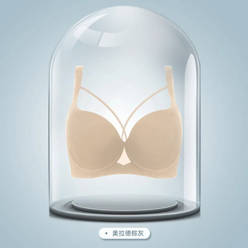 Plus Size Bra Women's Adjustable Thin Soft Steel Ring Push up Gathered Underwear Nylon Fabric 3/4 Cup Back Four Row Buckle