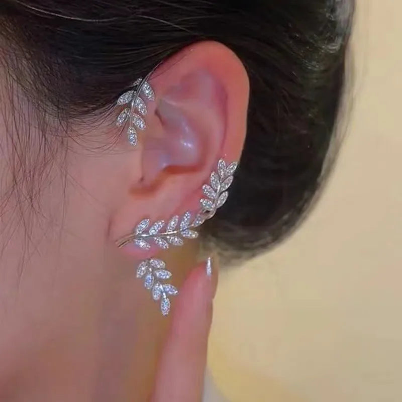 2022 Trendy Metal Crystal Leaf Ear Clips Without Piercing Earrings Clips For Women Fashion Ear Cuff Wedding Jewelry Brincos Gift