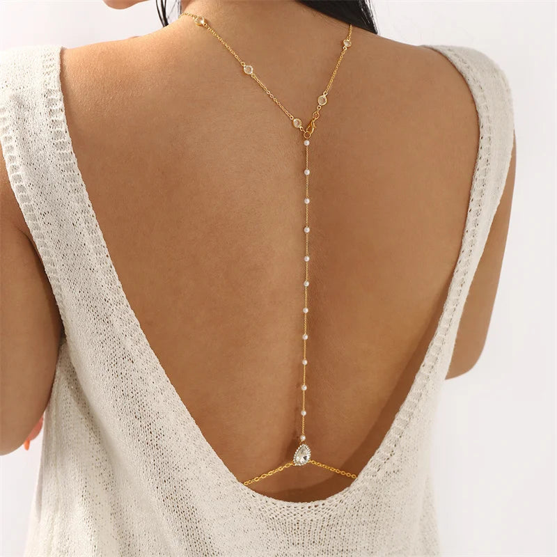 New Crystal Zircon Pearl Back Drop Chain Necklace For Women Elegant Long Backless Tassel Necklace Wedding Beach Party Jewelry