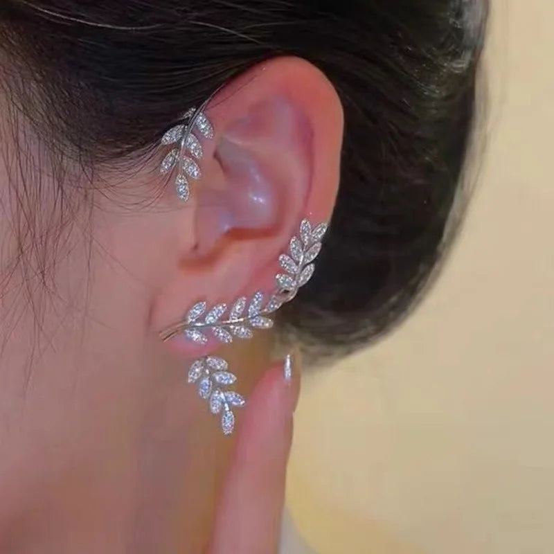2022 Trendy Metal Crystal Leaf Ear Clips Without Piercing Earrings Clips For Women Fashion Ear Cuff Wedding Jewelry Brincos Gift