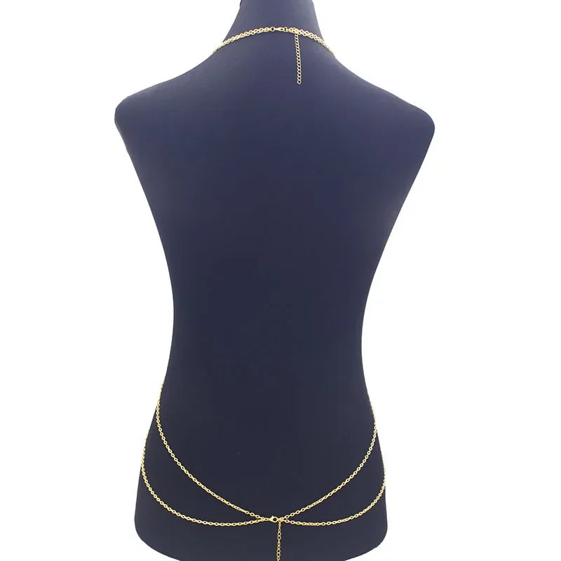 Fashionable Sexy Metal Crystal Cross Bikini Body Chain Double Layered Chest Necklace Accessory Summer Jewelry from Mainland Chin