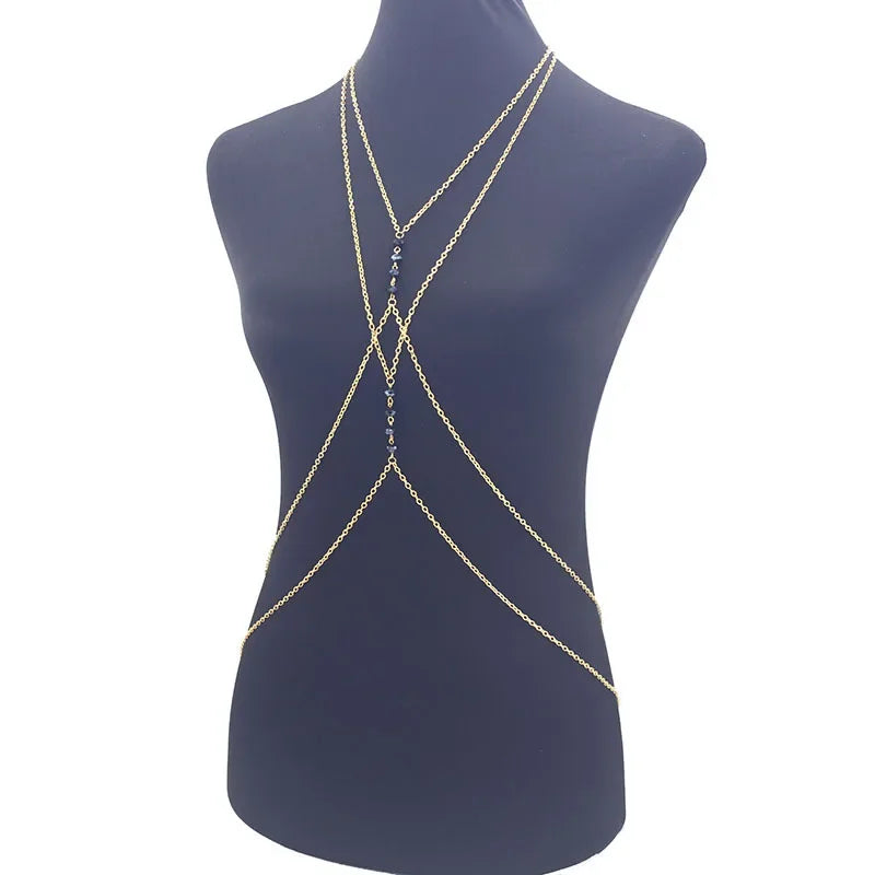 Fashionable Sexy Metal Crystal Cross Bikini Body Chain Double Layered Chest Necklace Accessory Summer Jewelry from Mainland Chin