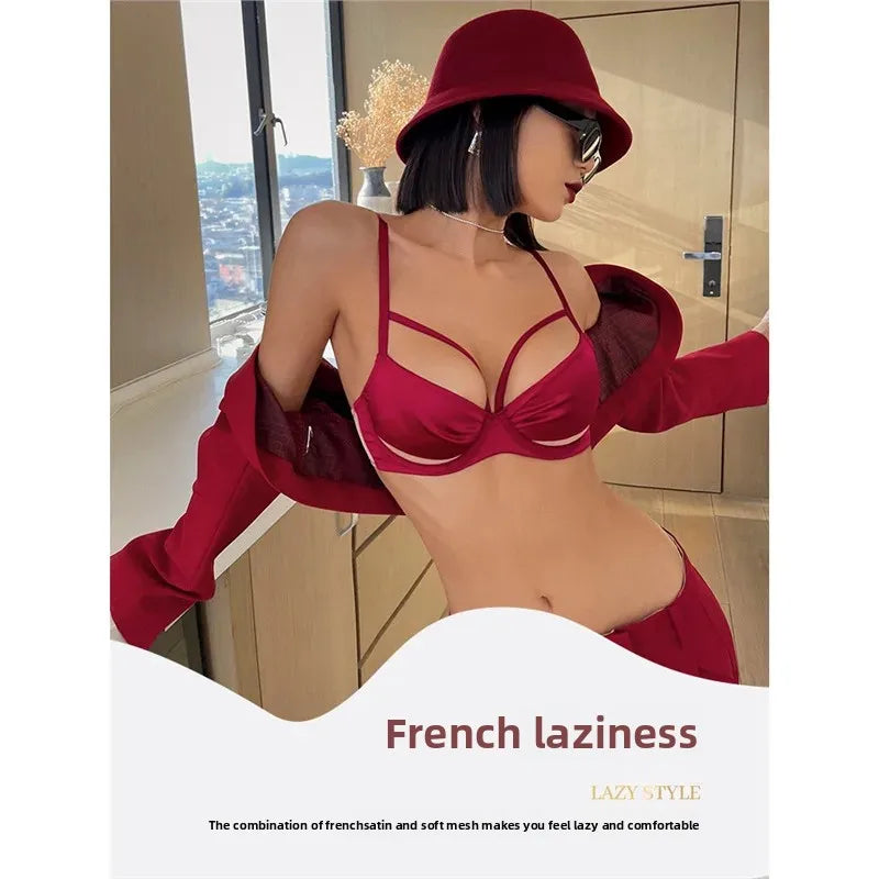 Sexy French Style Bra Set Women's Underwear Gathered Thin Steel Ring Summer Low Chest Illusory Bra Set Red Color for Lucky Year