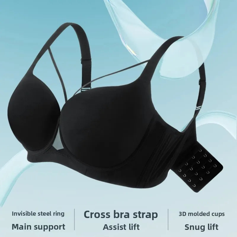 Plus Size Bra Women's Adjustable Thin Soft Steel Ring Push up Gathered Underwear Nylon Fabric 3/4 Cup Back Four Row Buckle