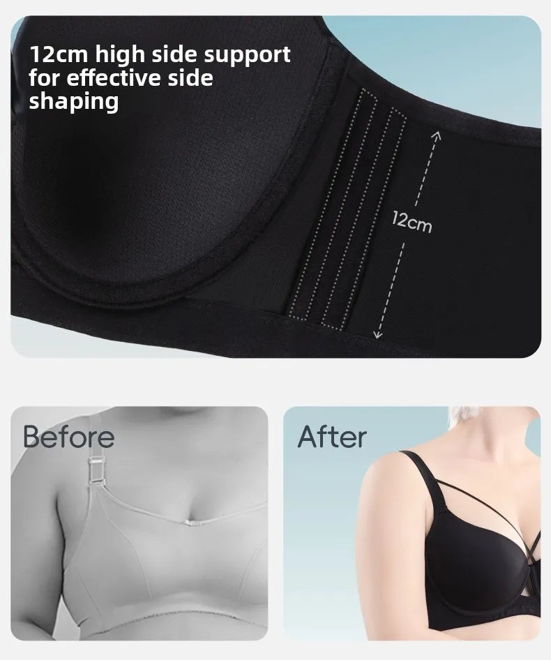 Plus Size Bra Women's Adjustable Thin Soft Steel Ring Push up Gathered Underwear Nylon Fabric 3/4 Cup Back Four Row Buckle