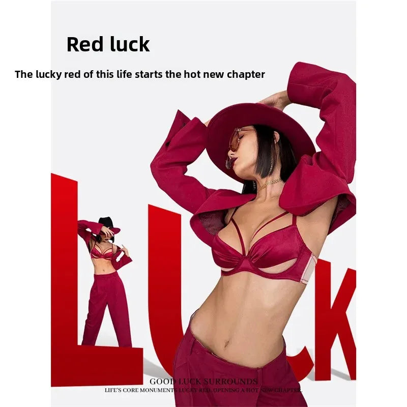 Sexy French Style Bra Set Women's Underwear Gathered Thin Steel Ring Summer Low Chest Illusory Bra Set Red Color for Lucky Year