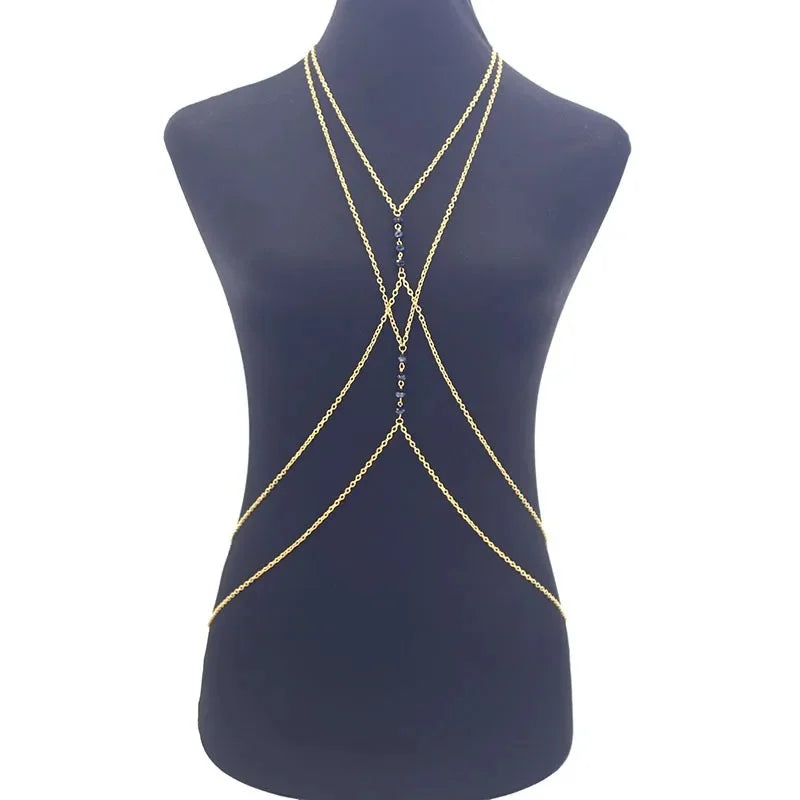 Fashionable Sexy Metal Crystal Cross Bikini Body Chain Double Layered Chest Necklace Accessory Summer Jewelry from Mainland Chin