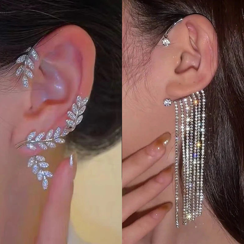 2022 Trendy Metal Crystal Leaf Ear Clips Without Piercing Earrings Clips For Women Fashion Ear Cuff Wedding Jewelry Brincos Gift