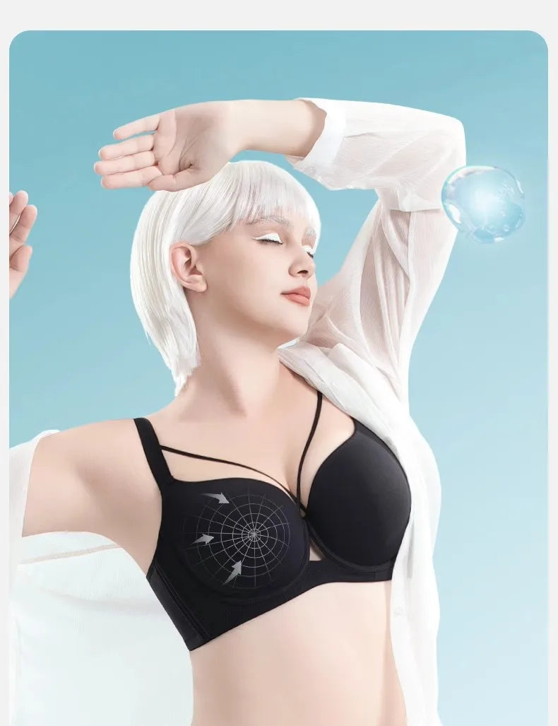 Plus Size Bra Women's Adjustable Thin Soft Steel Ring Push up Gathered Underwear Nylon Fabric 3/4 Cup Back Four Row Buckle