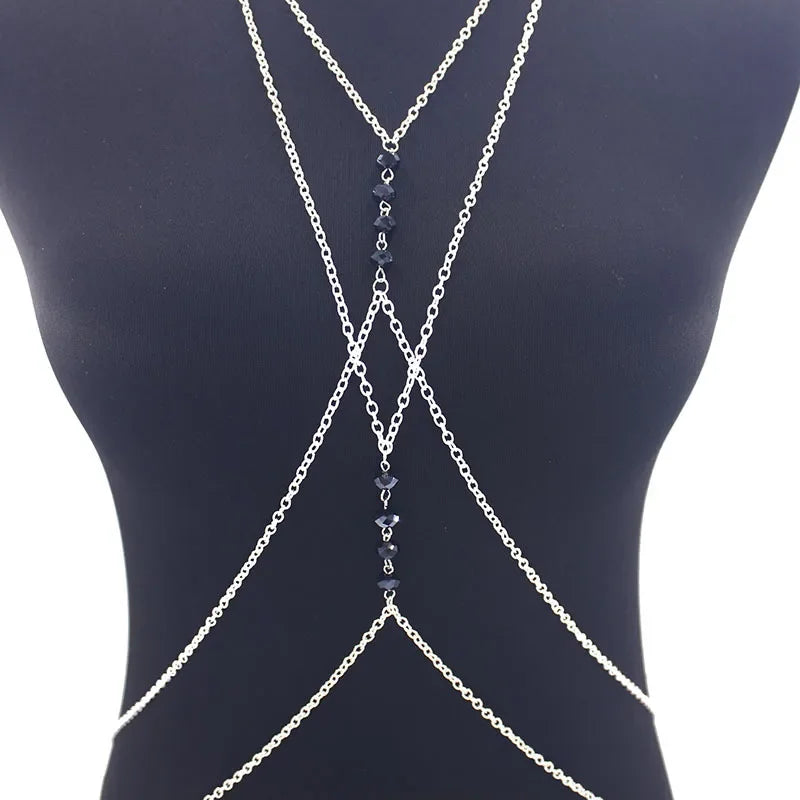 Fashionable Sexy Metal Crystal Cross Bikini Body Chain Double Layered Chest Necklace Accessory Summer Jewelry from Mainland Chin