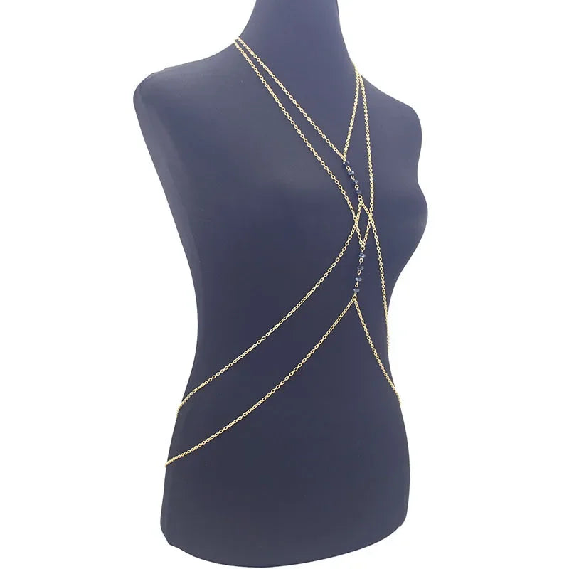 Fashionable Sexy Metal Crystal Cross Bikini Body Chain Double Layered Chest Necklace Accessory Summer Jewelry from Mainland Chin