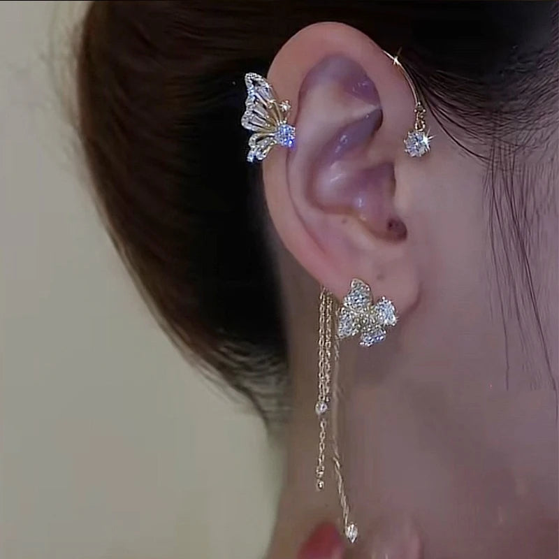 Korean Gold Silver Color Crystal Butterfly Ear Clip For Women Sparkling Rhinestone Ear Cuff Sweet Clip Earrings Wedding Jewelry