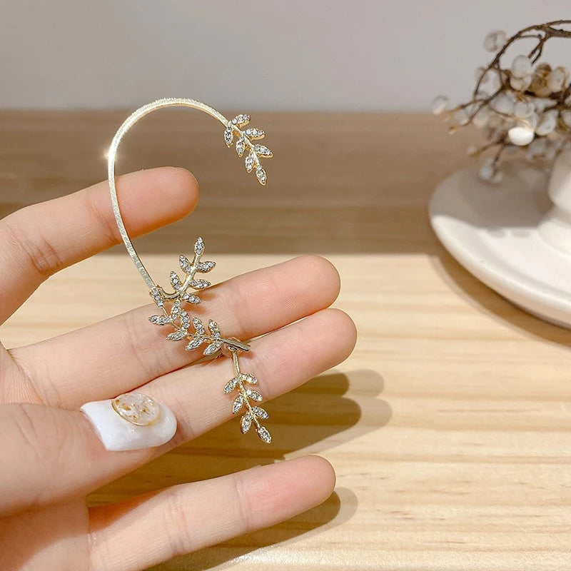 2022 Trendy Metal Crystal Leaf Ear Clips Without Piercing Earrings Clips For Women Fashion Ear Cuff Wedding Jewelry Brincos Gift