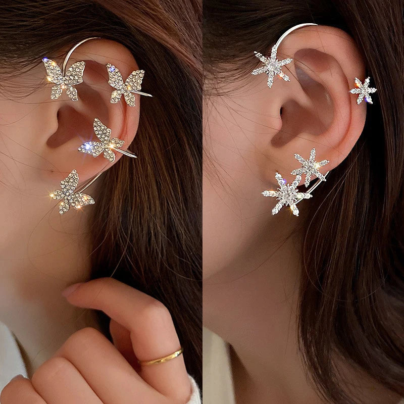 Luxury Star Butterfly Clip Earrings Female Crystal Tassel Ear Clip Earring Sparkling Zircon Ear Cuff Fashion Jewelry accessories